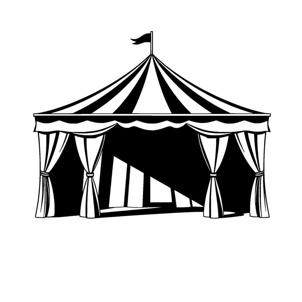 bold black and white illustration of a classic circus tent with striped roof, curtains, and a flag on white backdrop vector