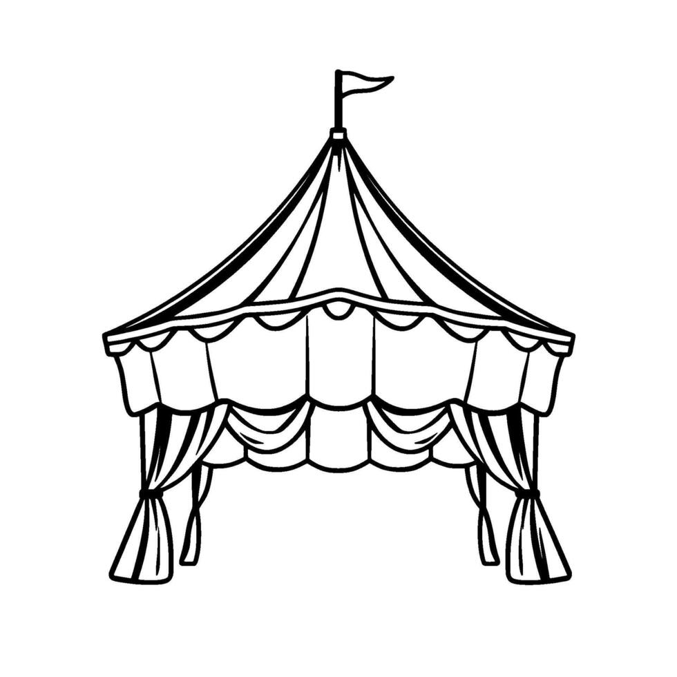 a detailed, whimsical black and white line art illustration of a circus tent, adorned with a flag and draped curtains, evoking a playful, nostalgic mood. vector