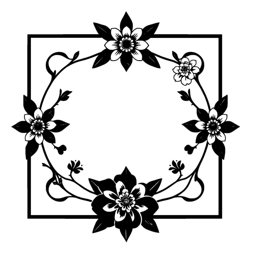 ornate black and white floral frame with botanical vines and blossoms, a square on a white background. vector