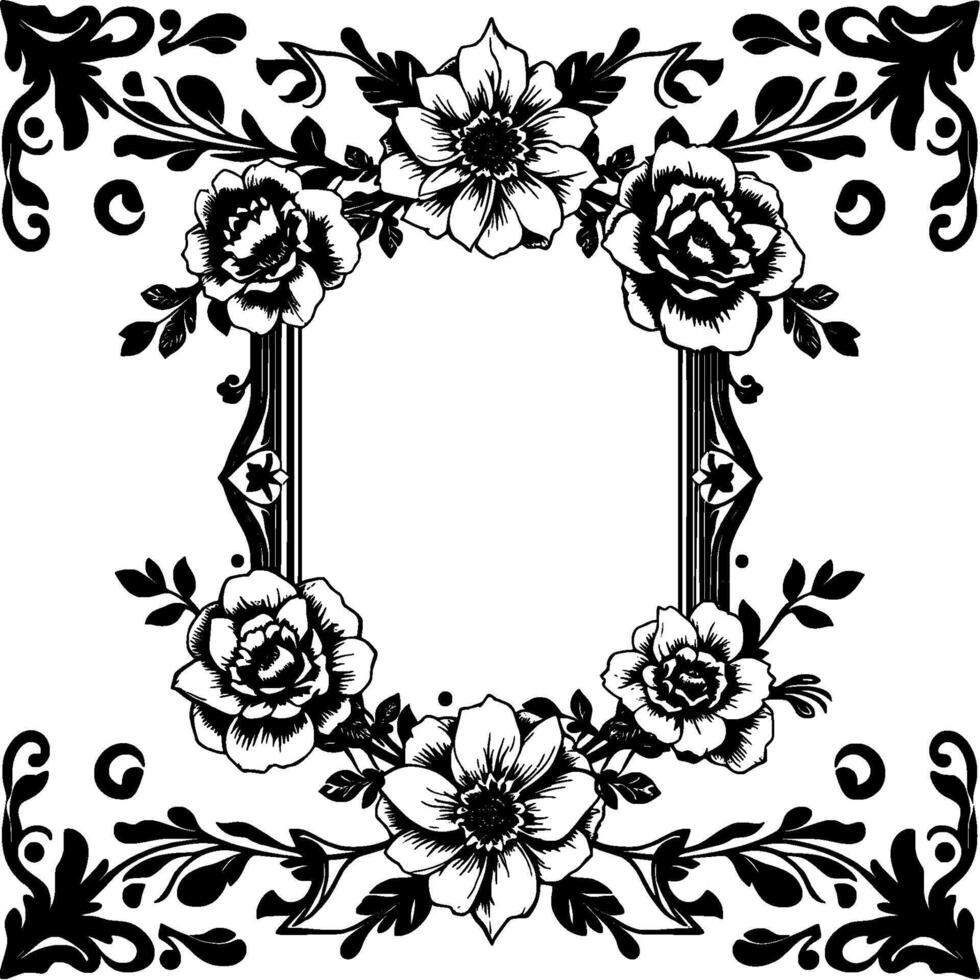 intricate black and white floral frame with roses, daisies, and ornate flourishes on a white background. vector