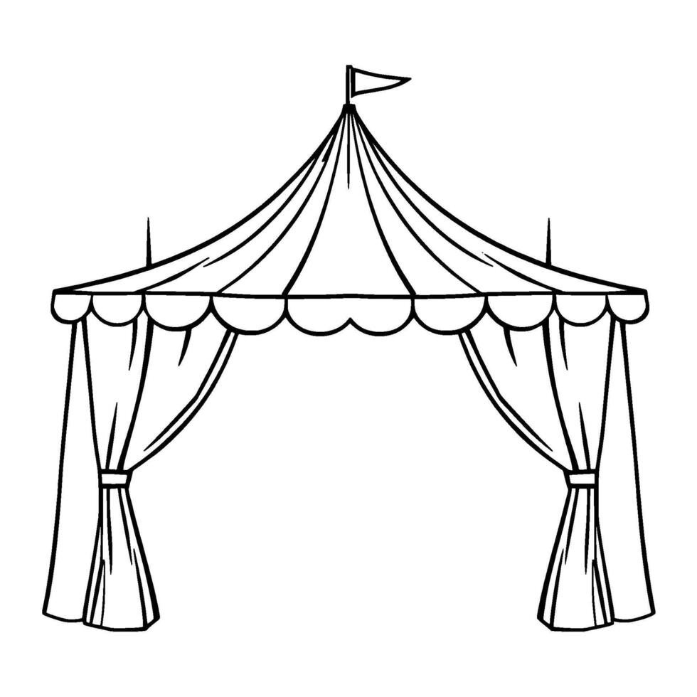 line art illustration of a classic circus tent canopy with a flag and decorative scalloped trim, isolated on white. vector