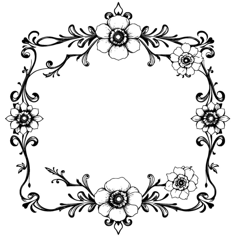 elegant floral frame intricate black and white illustration with detailed flowers and swirling vines, bordering empty space. vector