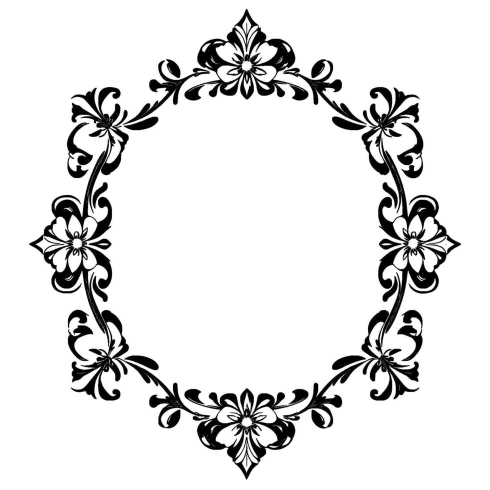 elegant black floral ornamental circular frame on white background, showcasing stylized leaves and blossoms, classic style, perfect for invitations. vector