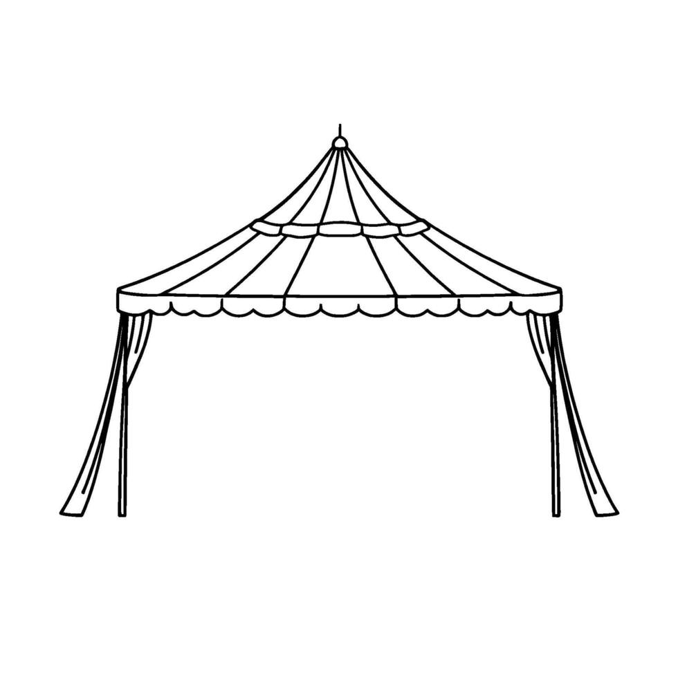 simple, elegant black and white line drawing of a classic, scallopededged canopy with curtains, ideal for a wedding or event. vector