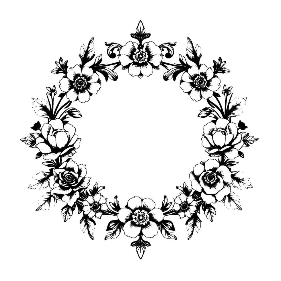 intricate black and white floral wreath, detailed botanical illustration with roses, daisies and flourishes, symmetrical on a white backdrop. vector