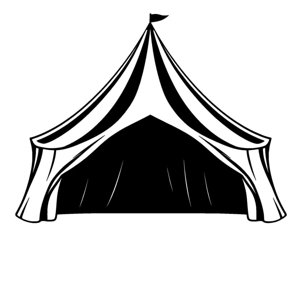 bold black and white illustration of a classic circus big top tent with striped and a pennant at the peak. vector