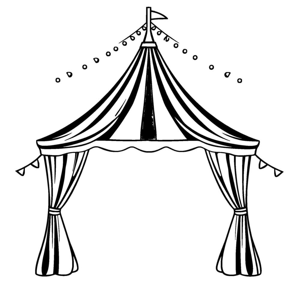 black and white line art illustration of a vintage circus tent entrance, adorned with string lights and pennant flags, evoking a playful and nostalgic aesthetic. vector