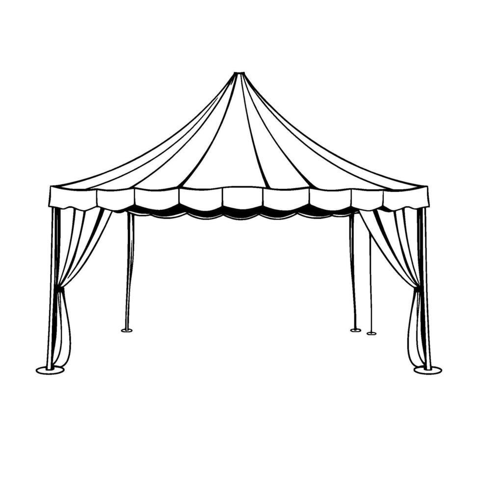 detailed black and white illustration of a classic white outdoor tent with curtains, set against a stark, minimalist white background. vector