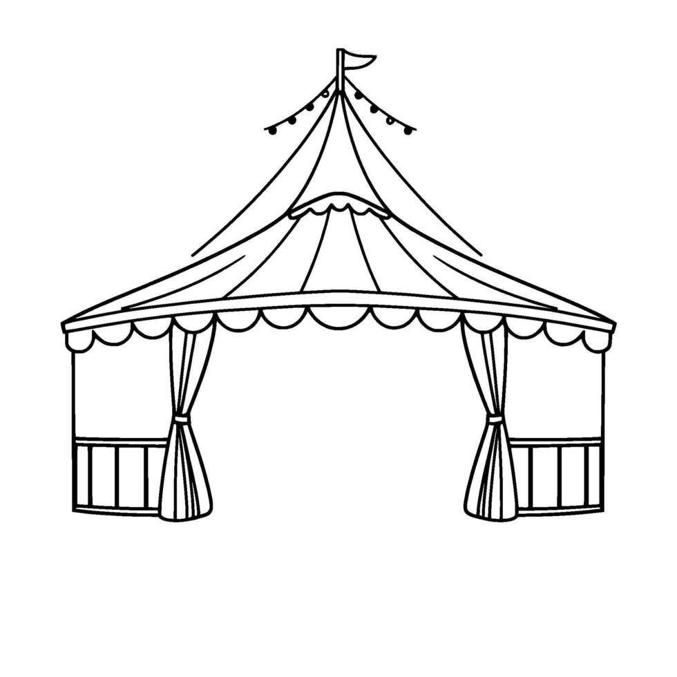 a black and white line art illustration of a circus tent with string lights, a small flag, and draped curtains, perfect for coloring or . vector
