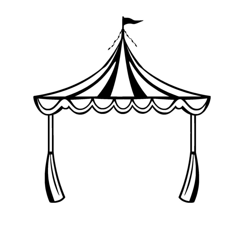 a whimsical black and white illustration of a circus tent or gazebo with striped roof, pennant, and decorative accents against a white background. vector