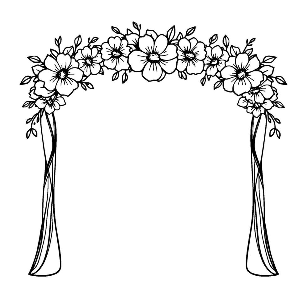 elegant floral archway outline with bold black lines, ideal for wedding invitations, embellishments, and creative projects. vector