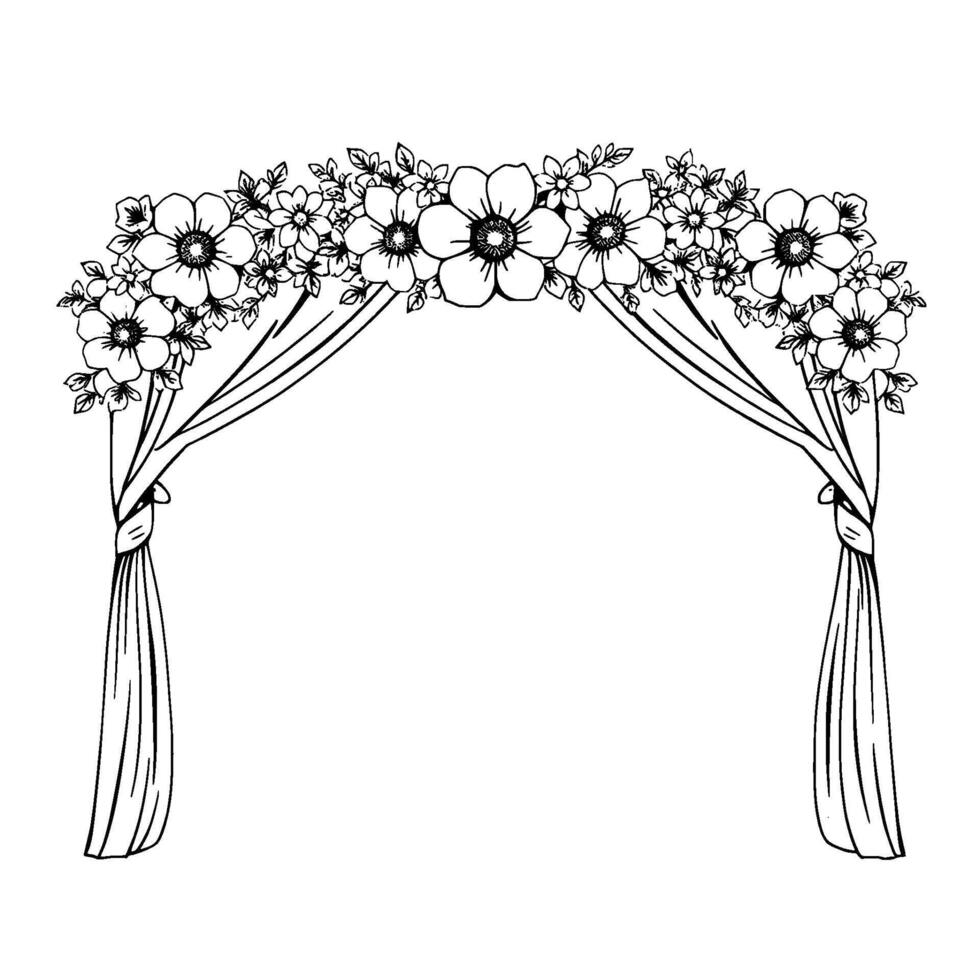 a handdrawn, black and white wedding arch illustration featuring floral arrangements, draped fabric, and a minimalist perfect for invitations or event decor. vector
