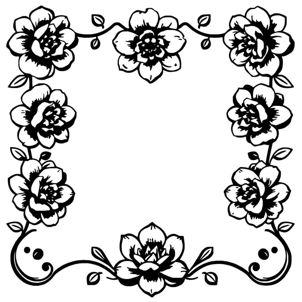 elegant black and white floral frame a symmetrical arrangement of stylized roses, leaves, and swirls forming a decorative border. vector