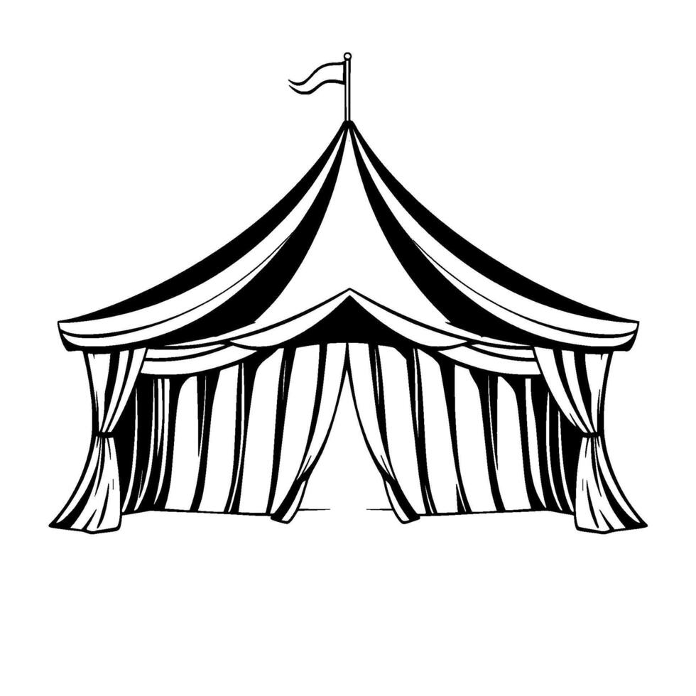 a illustration of a classic circus tent with striped canopy, open curtains, and a flag, in black and white. vector