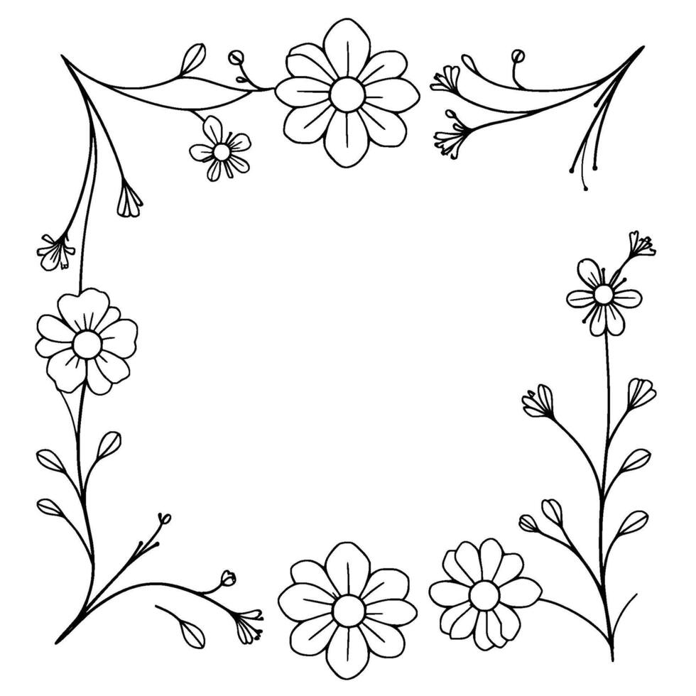 delicate handdrawn floral frame a simple, elegant border featuring daisies, buds, and foliage, outlined in black ink on a white background. vector