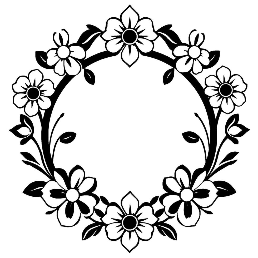 elegant black and white floral wreath , circular frame with flowers, leaves, decorative border, illustration, vintage style. vector