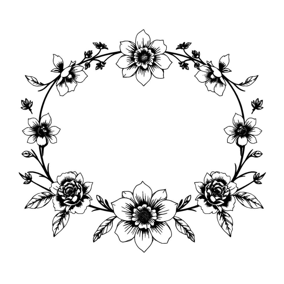 elegant black and white floral wreath with a decorative oval frame, detailed petals, and botanical elements on a white background. vector