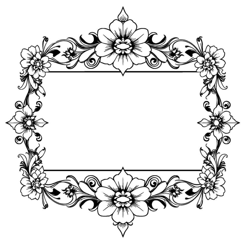 intricate floral frame ornamental border in black and white, featuring flowery accents, swirls and detailed elements. vector