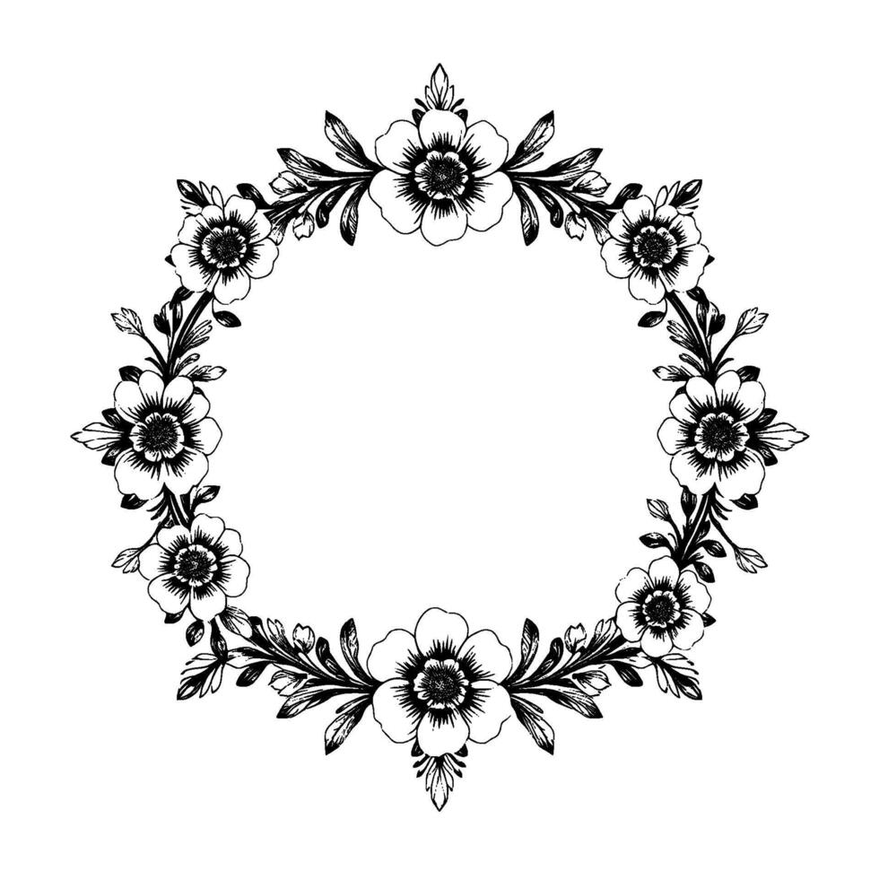 intricate black and white floral wreath illustration a circular of stylized flowers and leaves, creating an elegant and symmetrical botanical frame. vector