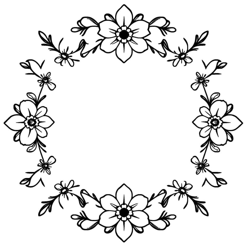 circular botanical frame detailed line art depicting an elegant floral with large and small blooms and foliage elements, offering a clean aesthetic. vector