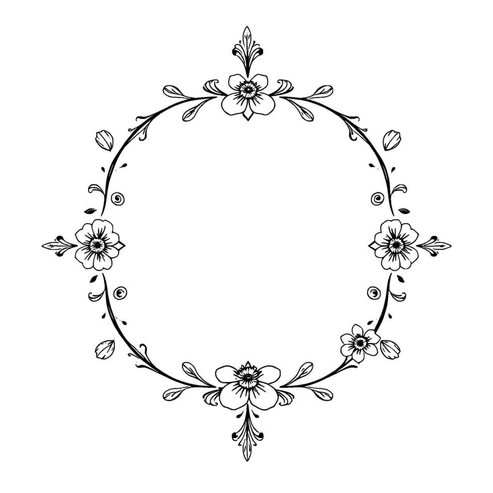 intricate black and white floral wreath , featuring detailed blossoms, leaves, and decorative elements. vector