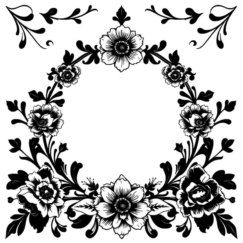 elegant black and white floral wreath a symmetrical botanical illustration featuring detailed flowers and leaves, forming a delicate circular frame against a plain white background. vector
