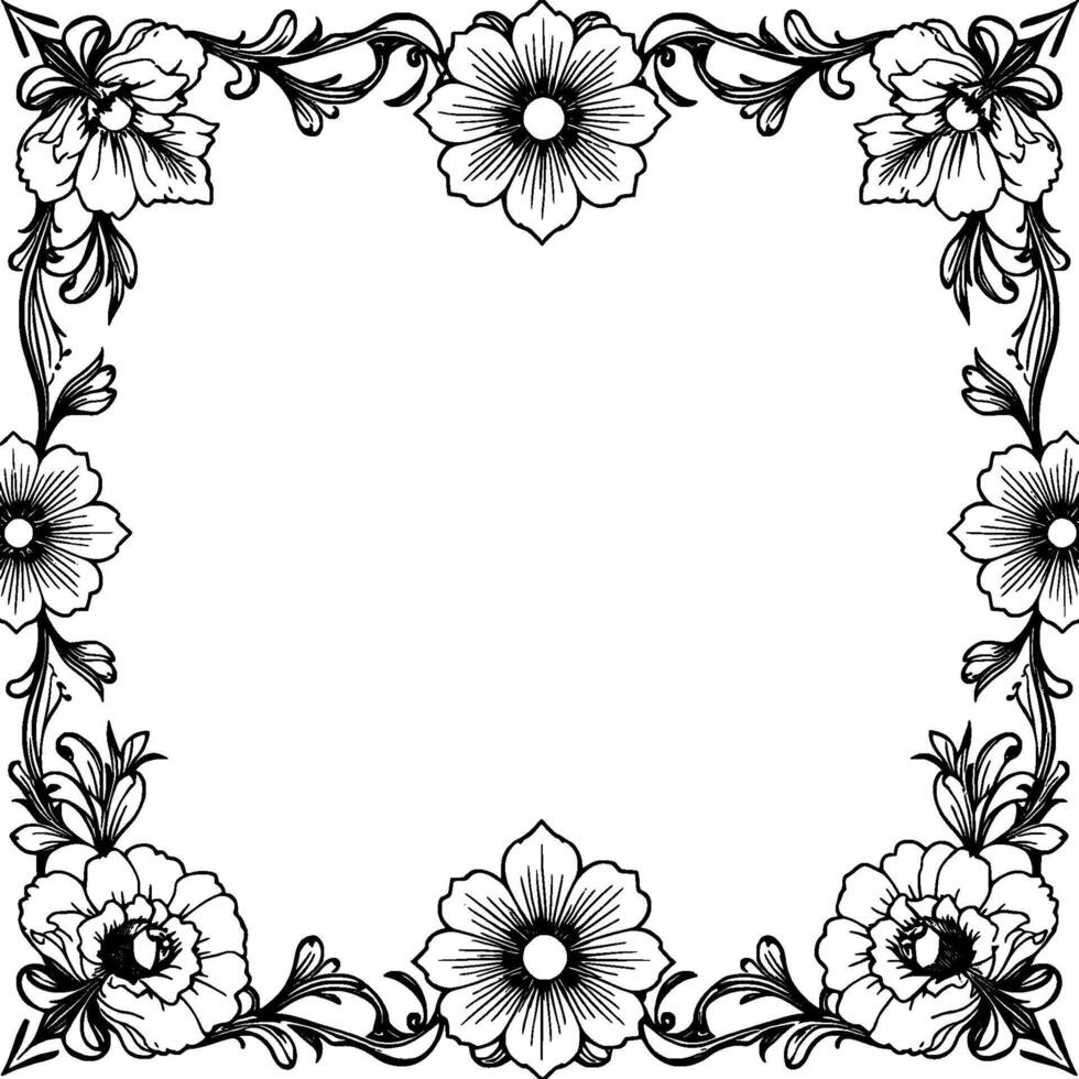 elegant black and white floral frame with intricate designs on a blank canvas, perfect for invitations and decorations. vector