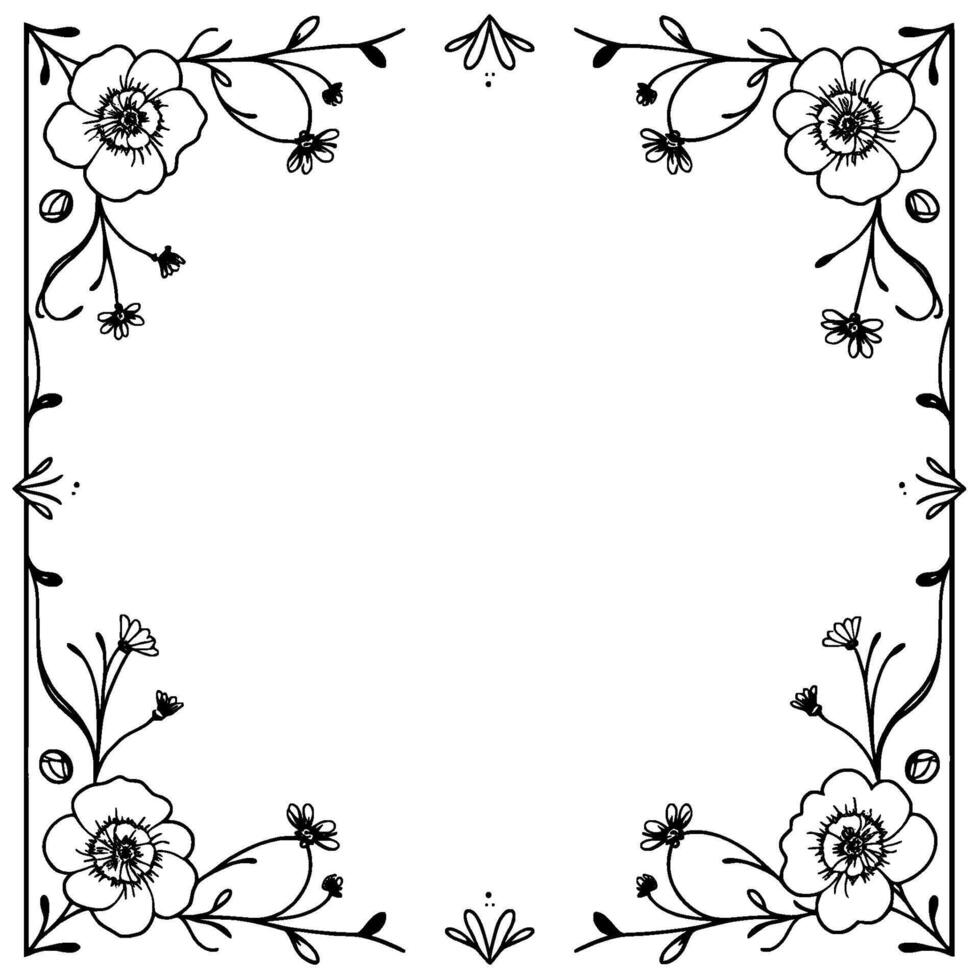 elegant black and white floral border with four blooming flowers and delicate sprigs, perfect for invitations or designs. vector
