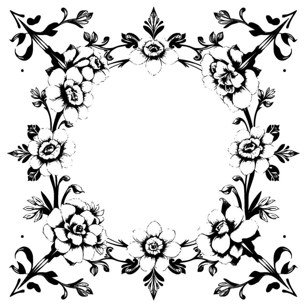 intricate black and white floral border with detailed handdrawn roses, vines, and ornamental flourishes forming a symmetrical frame. vector