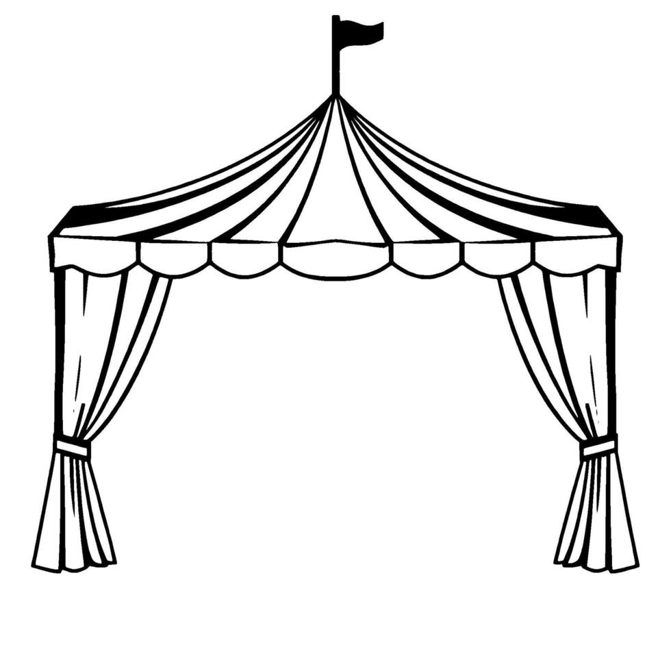 black and white illustration of a circus tent with striped canopy, scalloped valance, draped curtains, and a flag atop a mast. vector