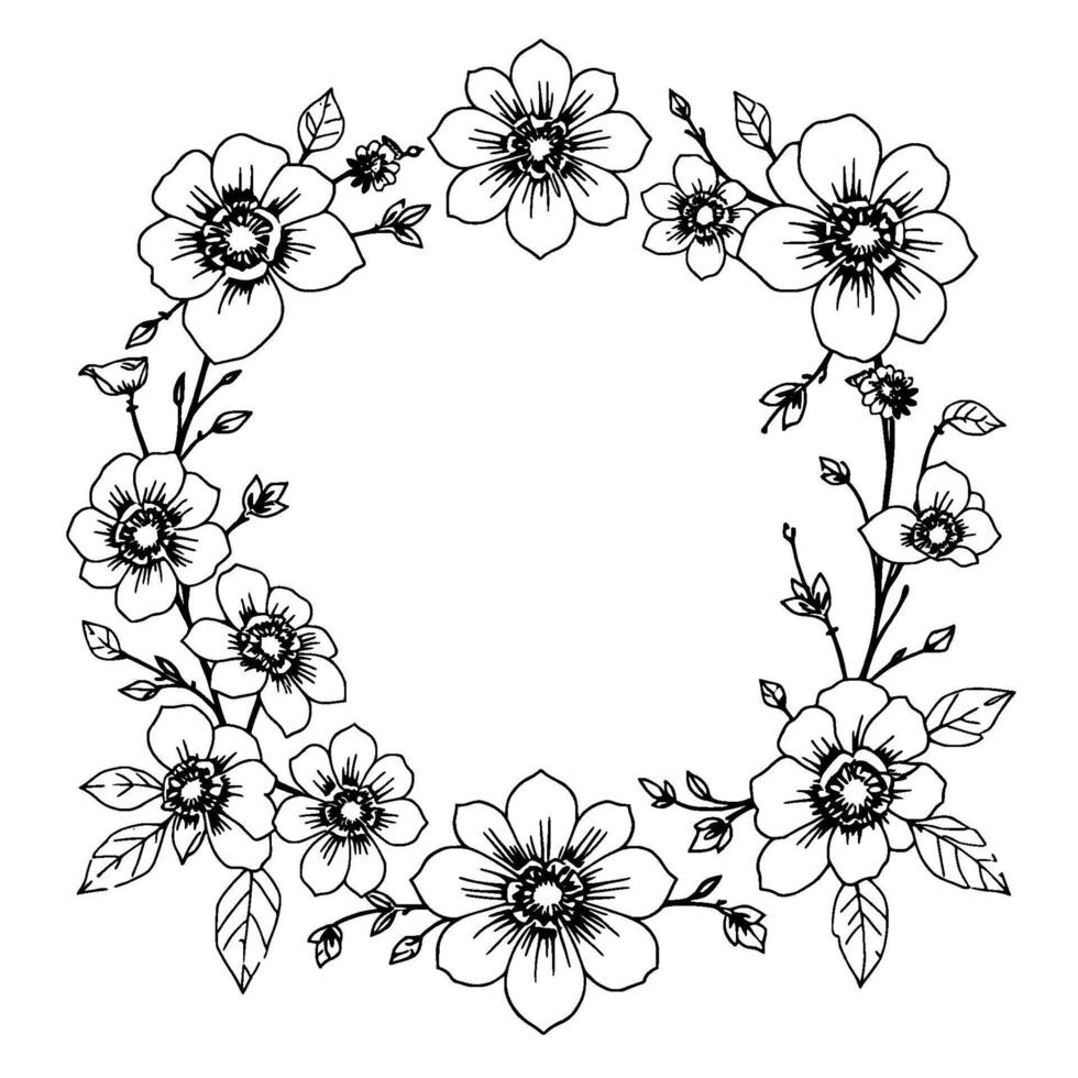 intricate black and white floral wreath illustration with detailed outlines, decorative, elegant, and suitable for coloring or vector