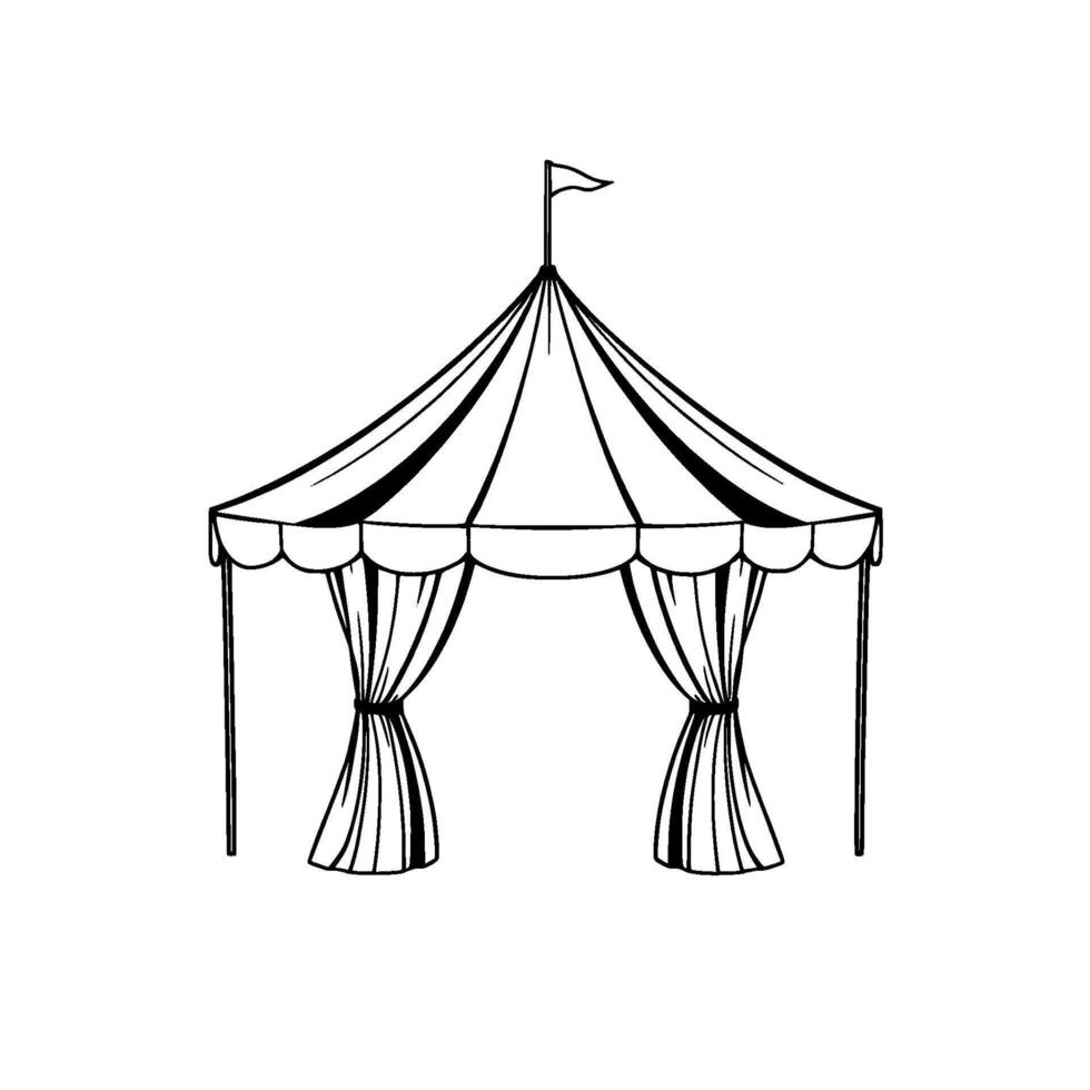 minimalist illustration of a black and white circus tent with curtains and a flag, isolated on white. vector
