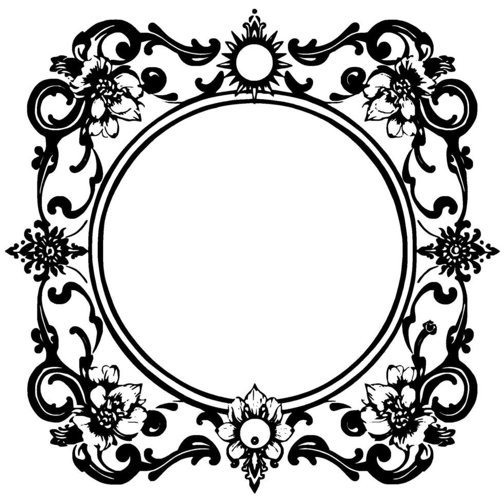 ornate black and white floral circular frame with sun and symmetry, suitable for elegant and invitations. vector