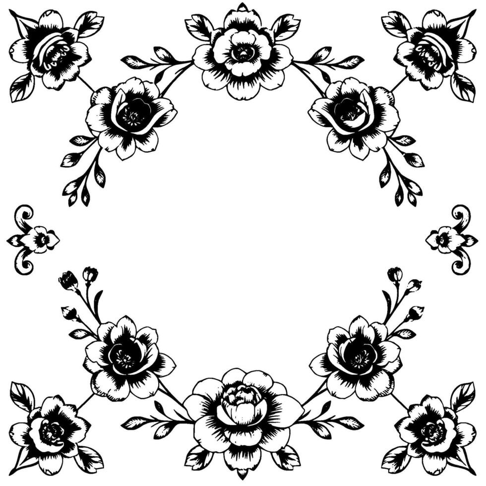 elegant black and white floral wreath illustration with intricate details, showcasing a flourish and botanical charm on a white backdrop. vector
