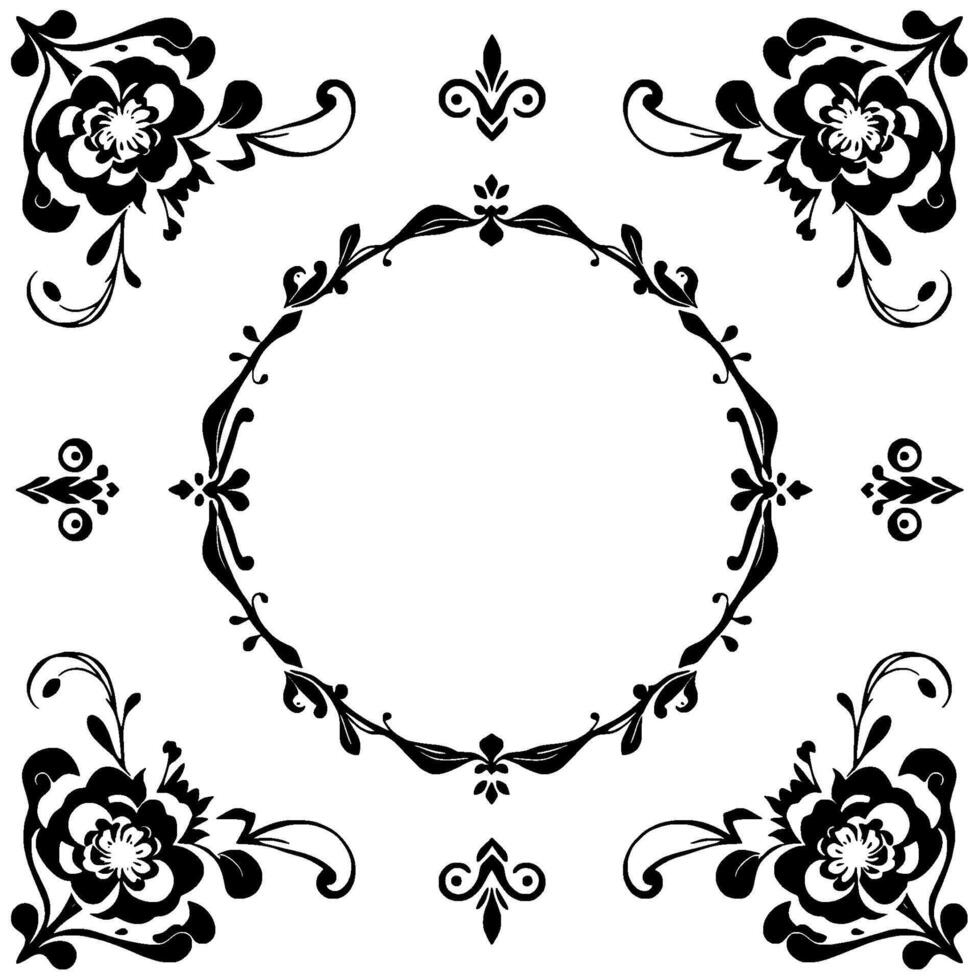 elegant black floral frame and decorative elements on a white background, featuring a central circular border and corner blossoms. vector