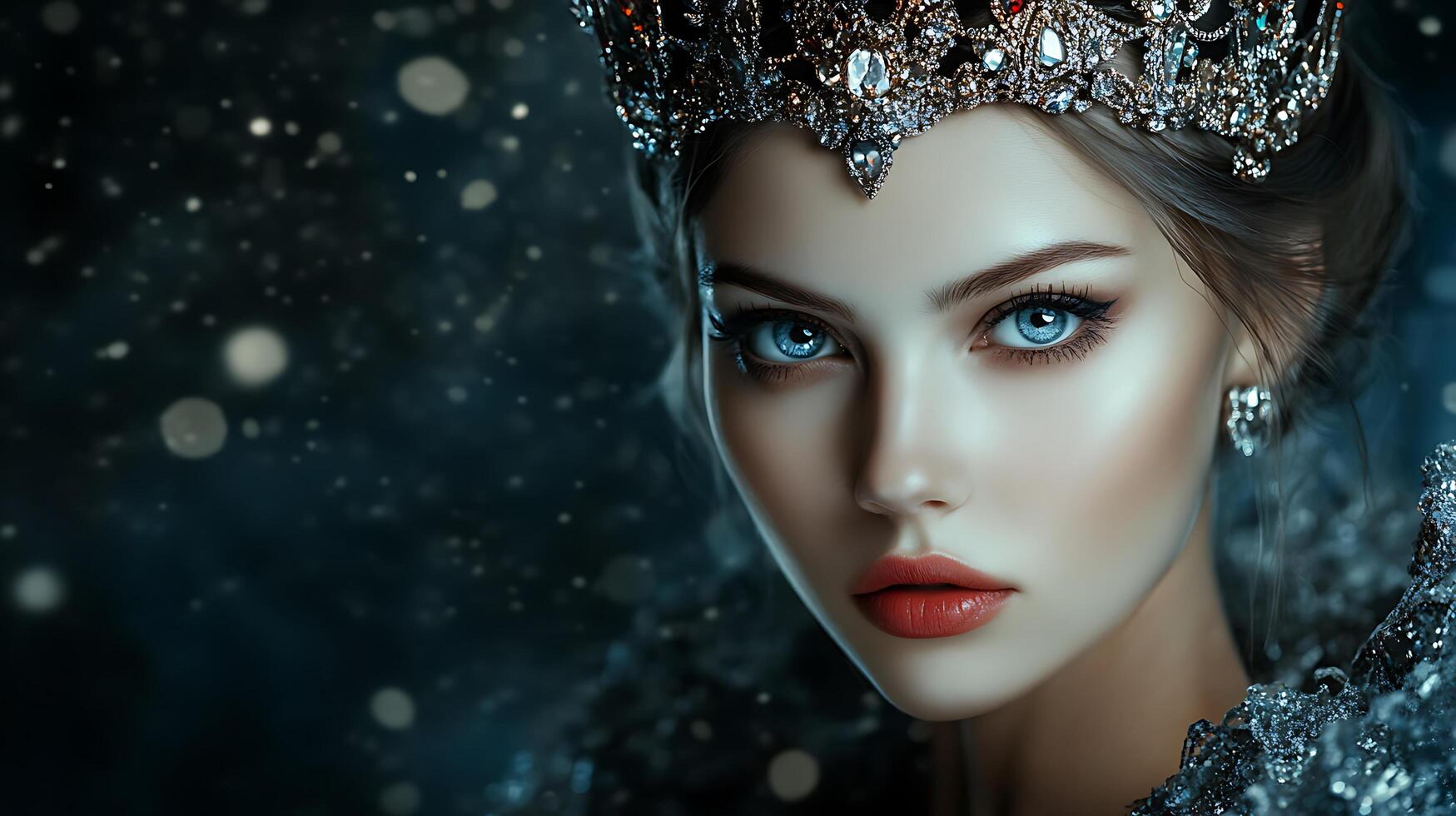 Elegant woman with jeweled crown captivating blue eyes and regal appearance against a dark shimmering fantastical backdrop photo