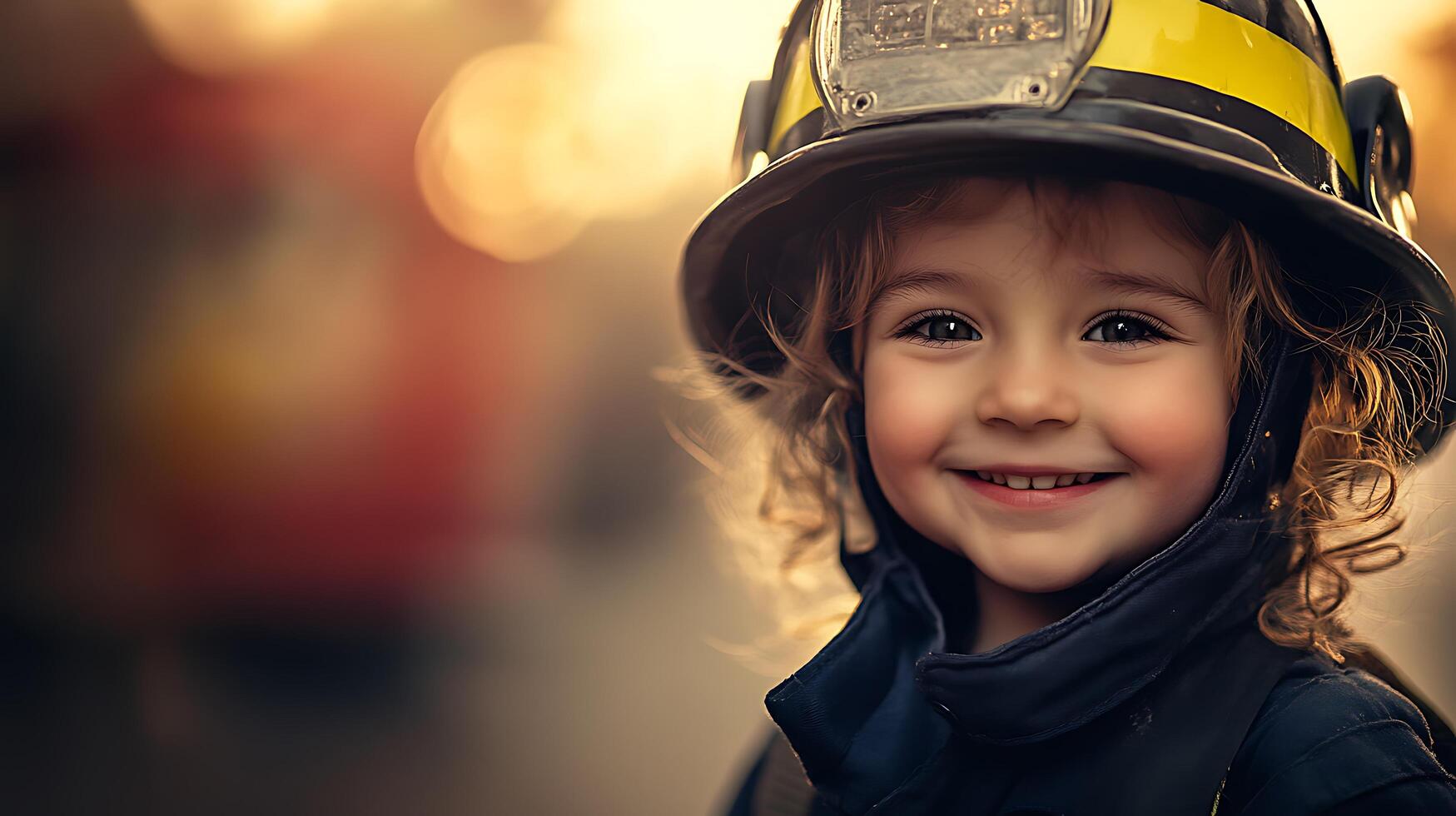 Adorable child smiles dressed up in oversized firefighter gear with a helmet and a coat against a soft bokeh filled background photo