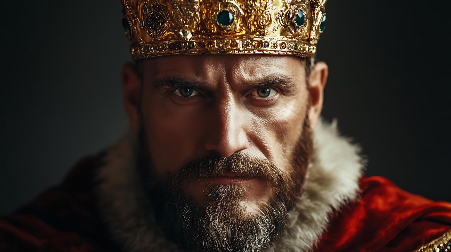 A stern monarch with piercing eyes framed by a golden crown exudes power and authority in this captivating portrait of royalty photo