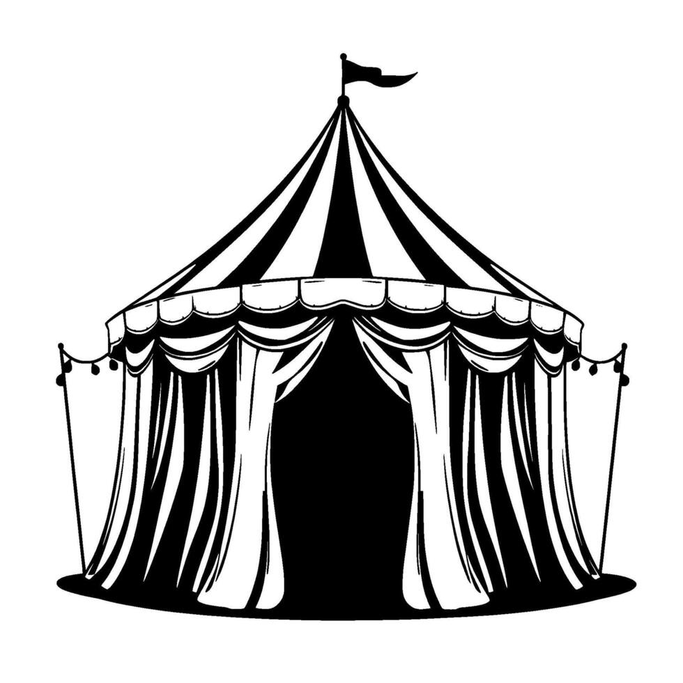 black and white illustration of a classic circus tent with striped roof, curtains, and string lights vector