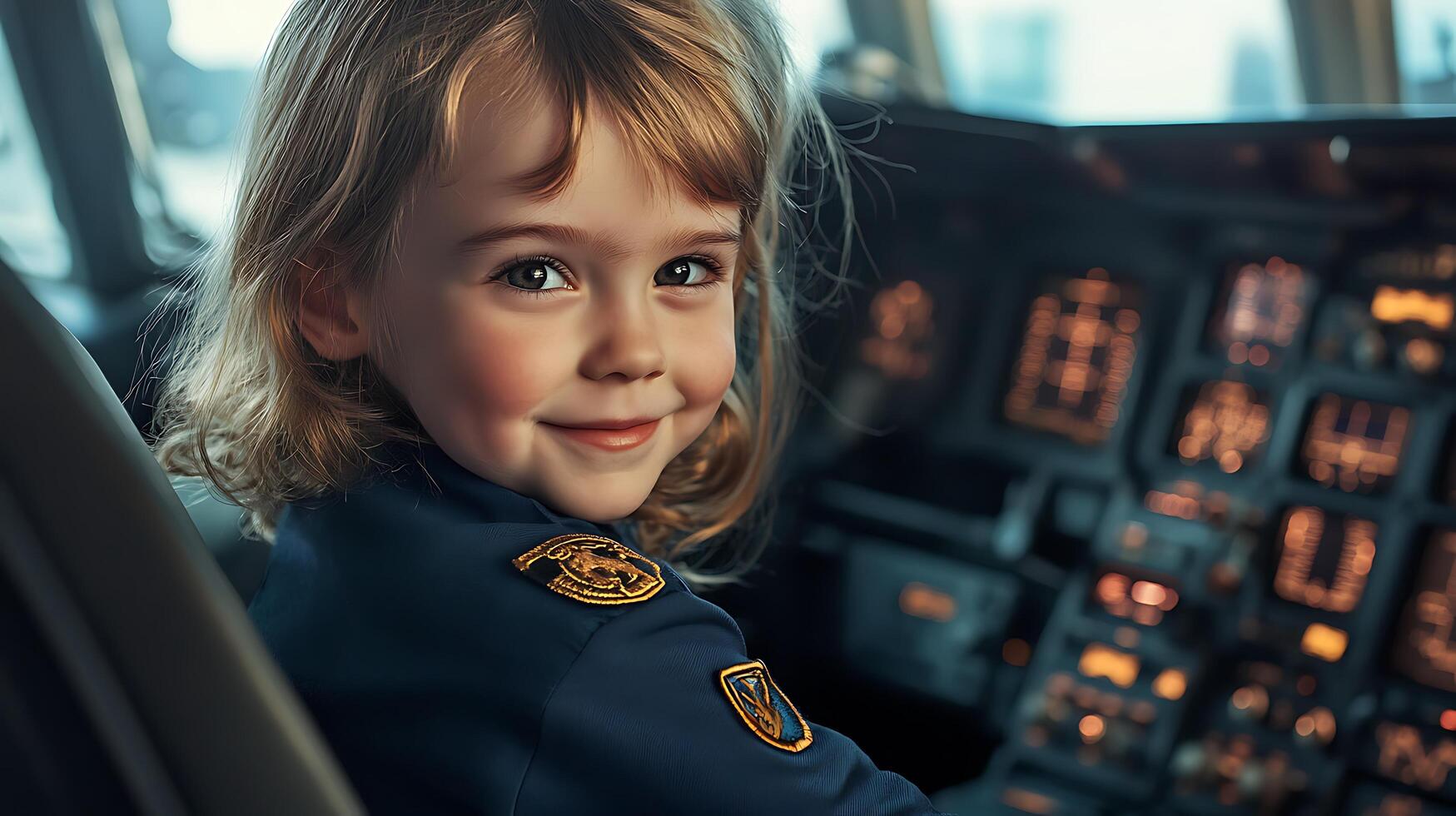 Dreaming of soaring above the clouds a young pilot trainee sits in the cockpit ready to fly high and make her dreams a reality photo
