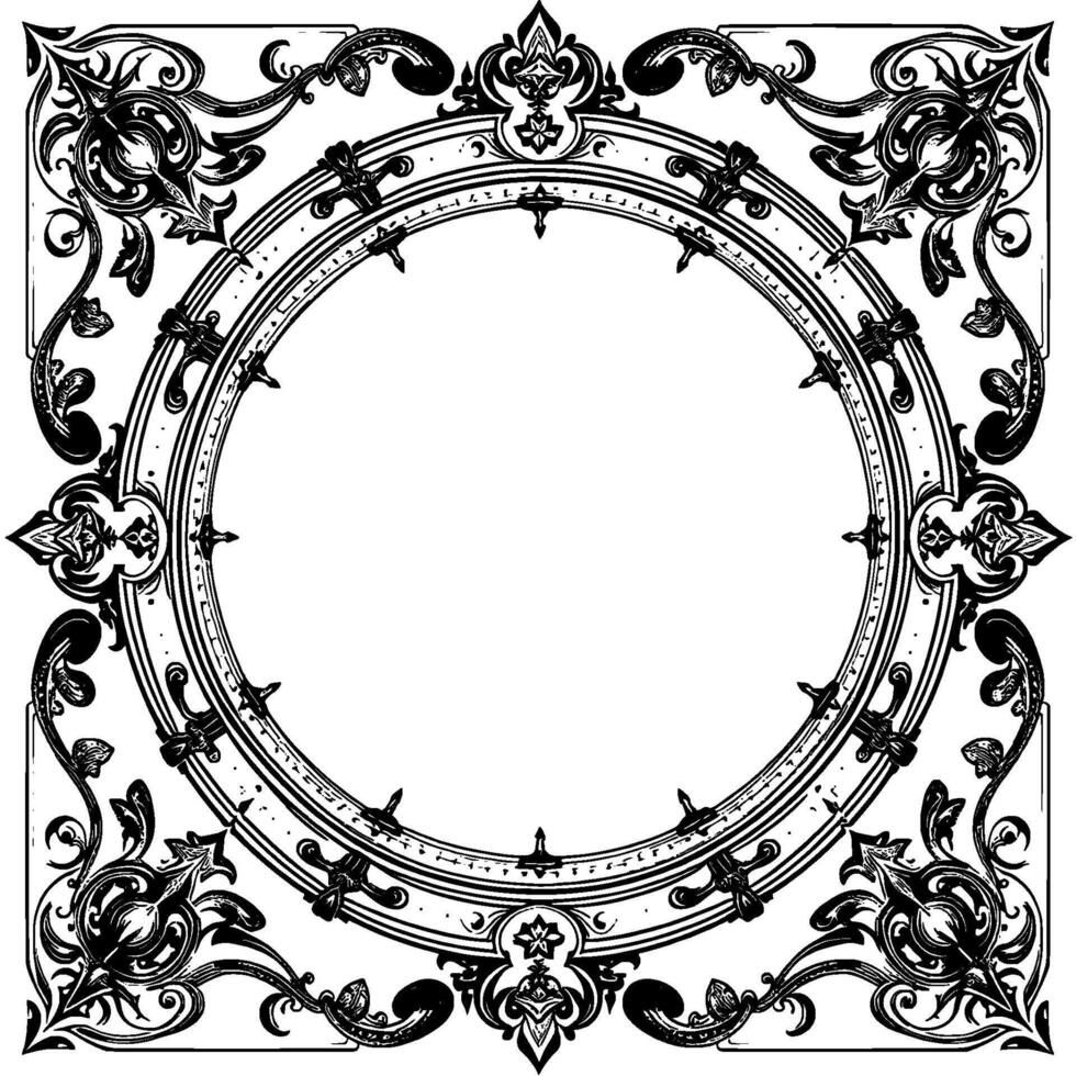 ornate black and white circular border with intricate floral and geometric details, victorian gothic . vector