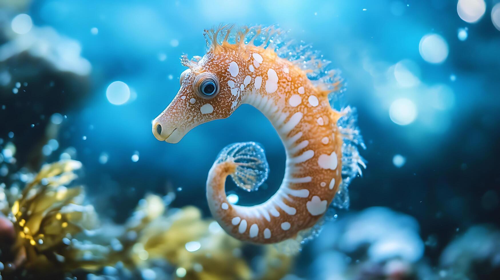 An orange seahorse with white spots swims through a blue underwater landscape with algae and bubbles creating a whimsical sea scene photo