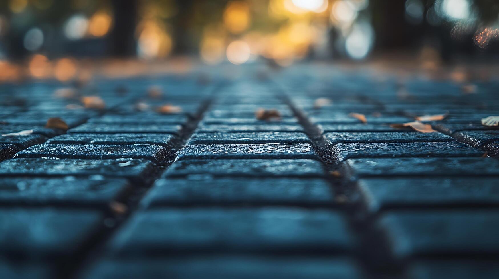 Cobblestone Pathway with Autumn Leaves and Light photo