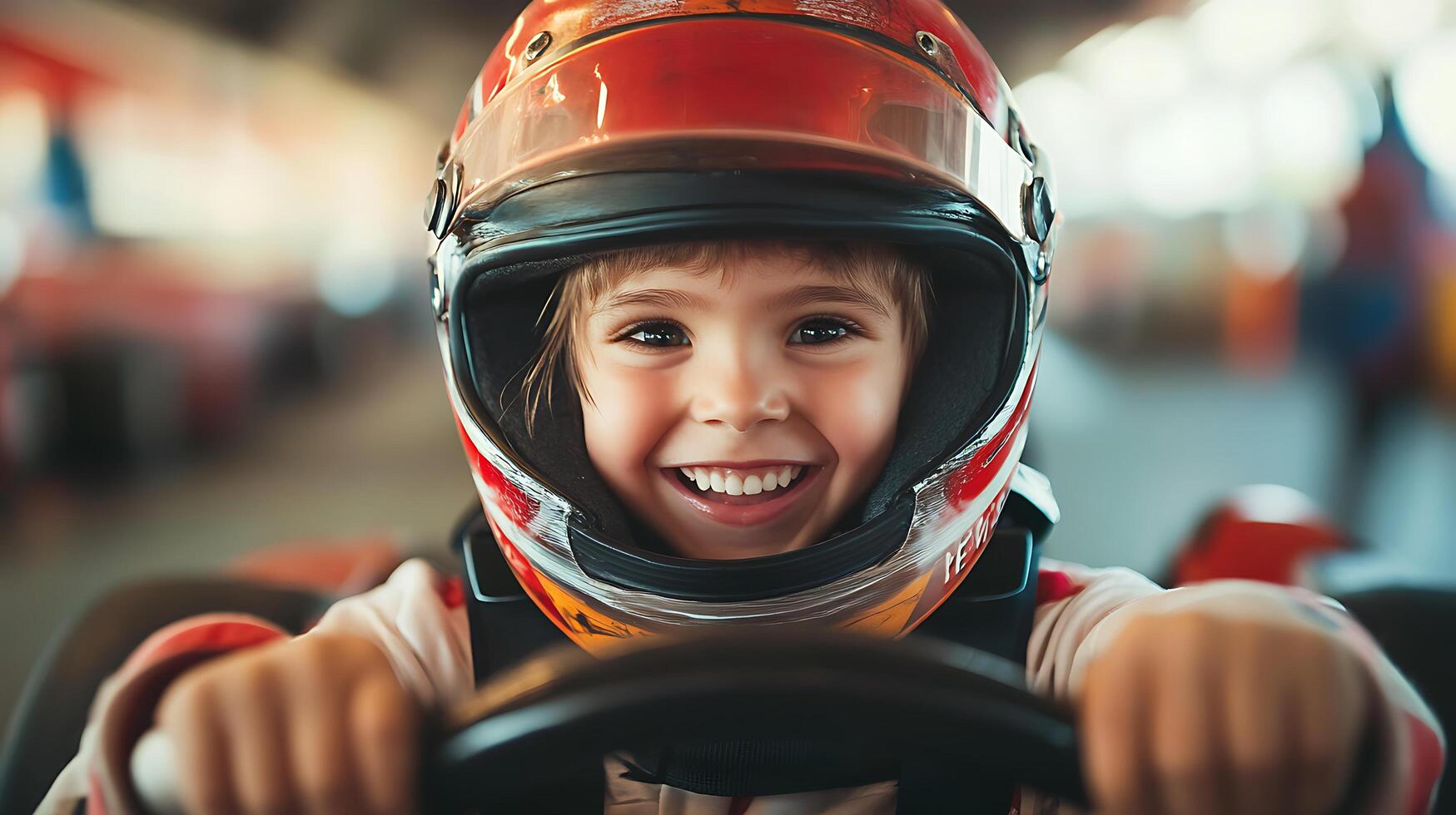 Smiling child racer in helmet driving a go-kart with hands on the steering wheel ready to zoom ahead in a fun racing competition photo