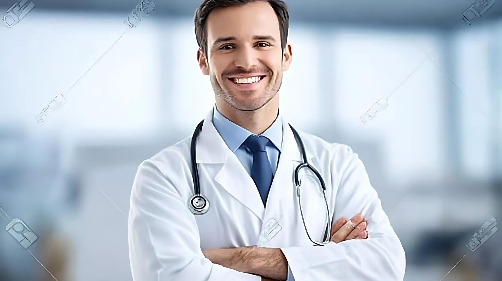 Smiling doctor with stethoscope and white coat Confident professional healthcare provider with arms crossed in office setting photo