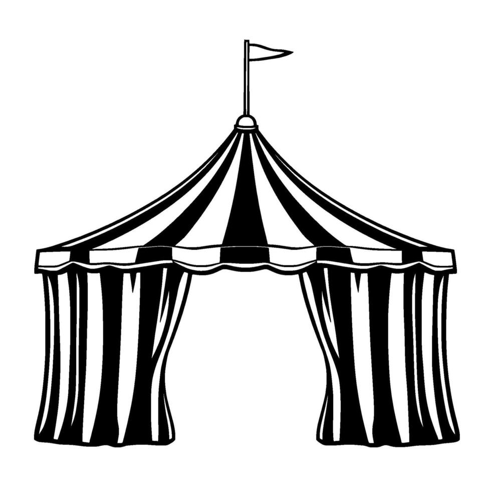 bold black and white circus tent illustration, featuring striped canopy, flag, and curtained entrance, isolated on white. vector