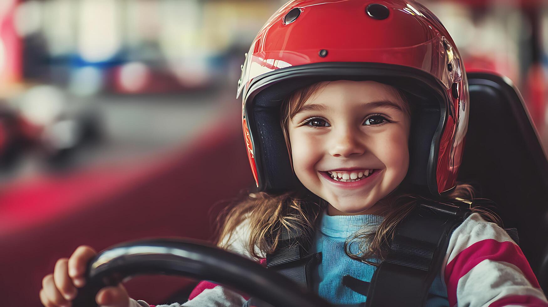 A young girl with a bright smile wearing a red safety helmet sits in the driver's seat of a go-kart ready for some fun and excitement photo