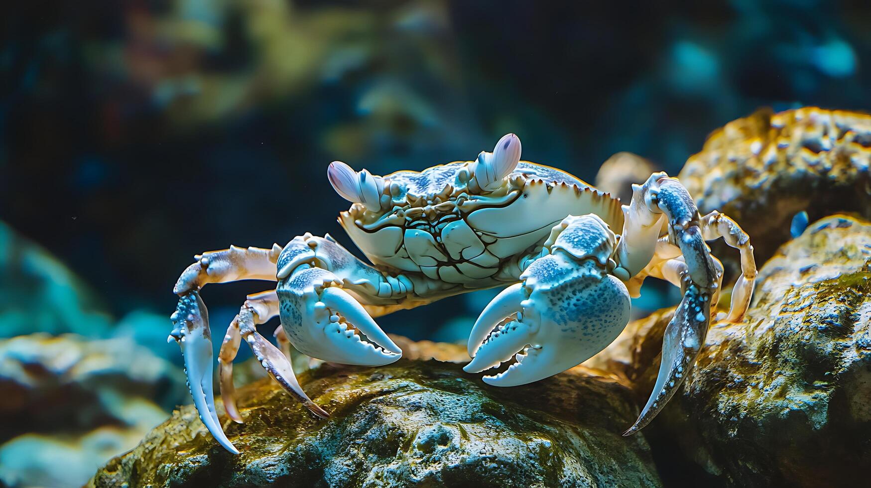 Close-up of a blue crab resting on a rock in its natural habitat The lighting and setting capture its serene underwater realm photo