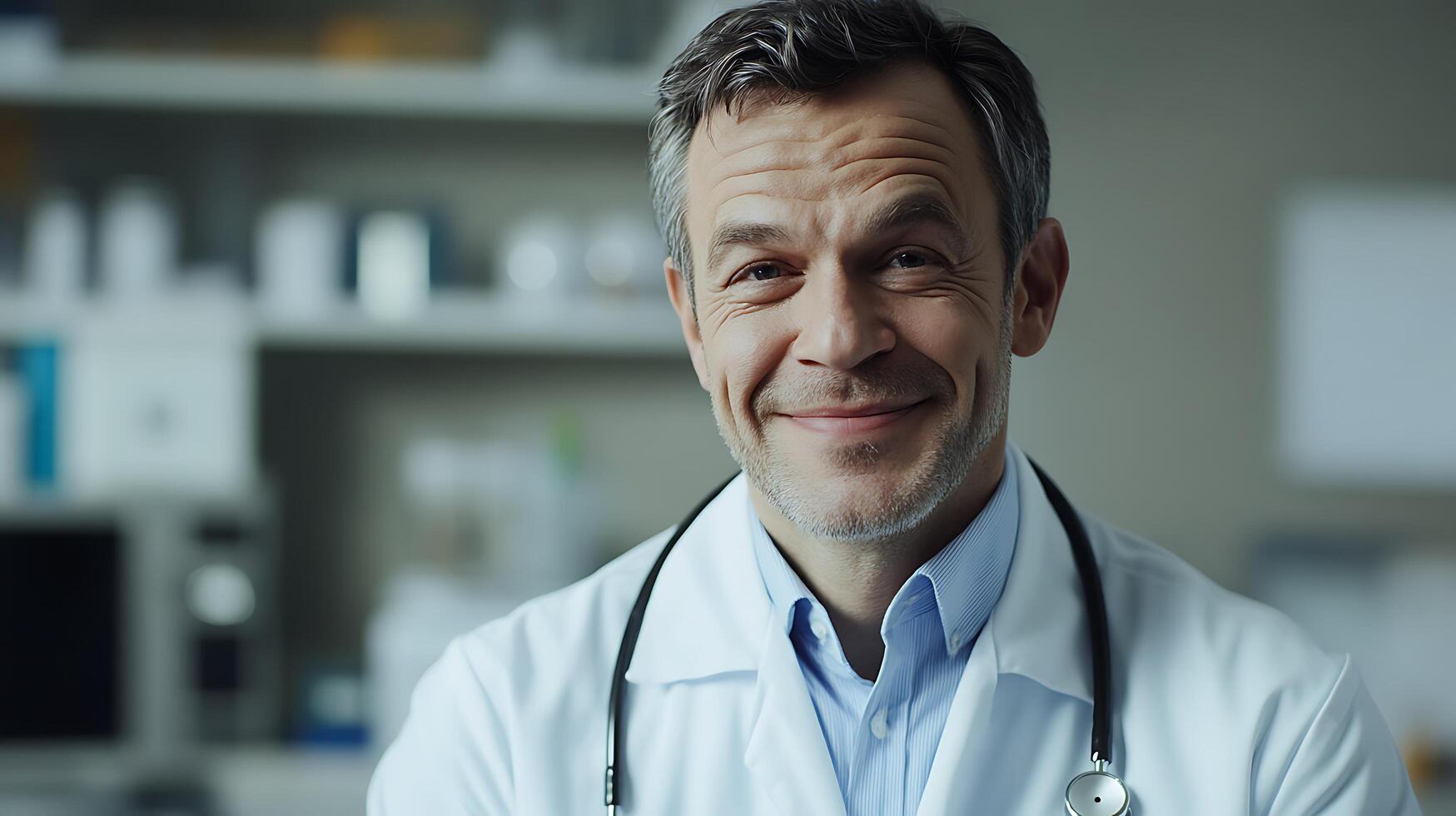 Friendly doctor smiling in a clinic wearing lab coat and stethoscope representing trust and medical professionalism photo