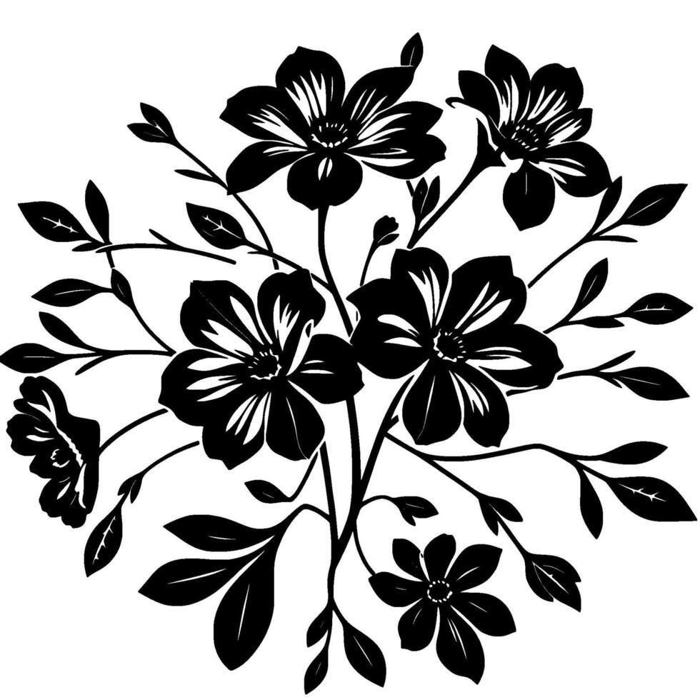 elegant black and white floral arrangement detailed silhouettes of blooms, leaves, and branches on a clean white backdrop. vector